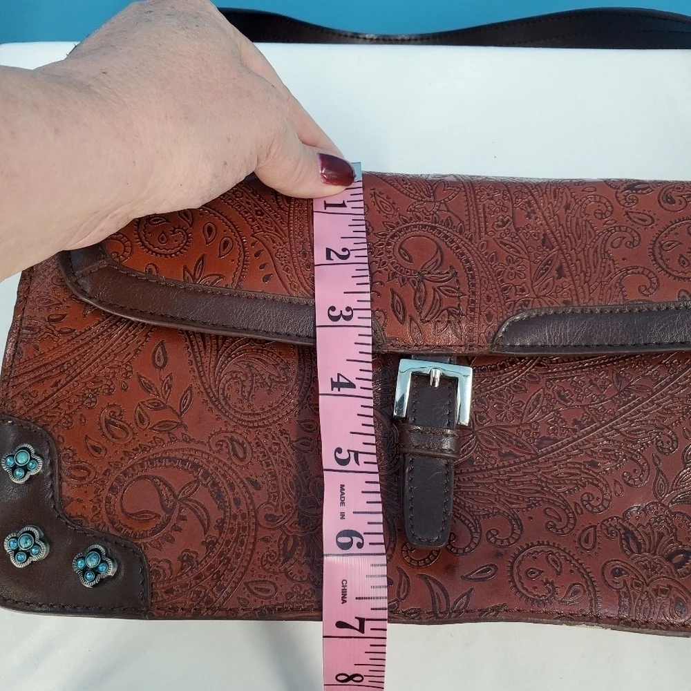 MC brown leather scrollwork embossed shoulder bag - Picture 12 of 16